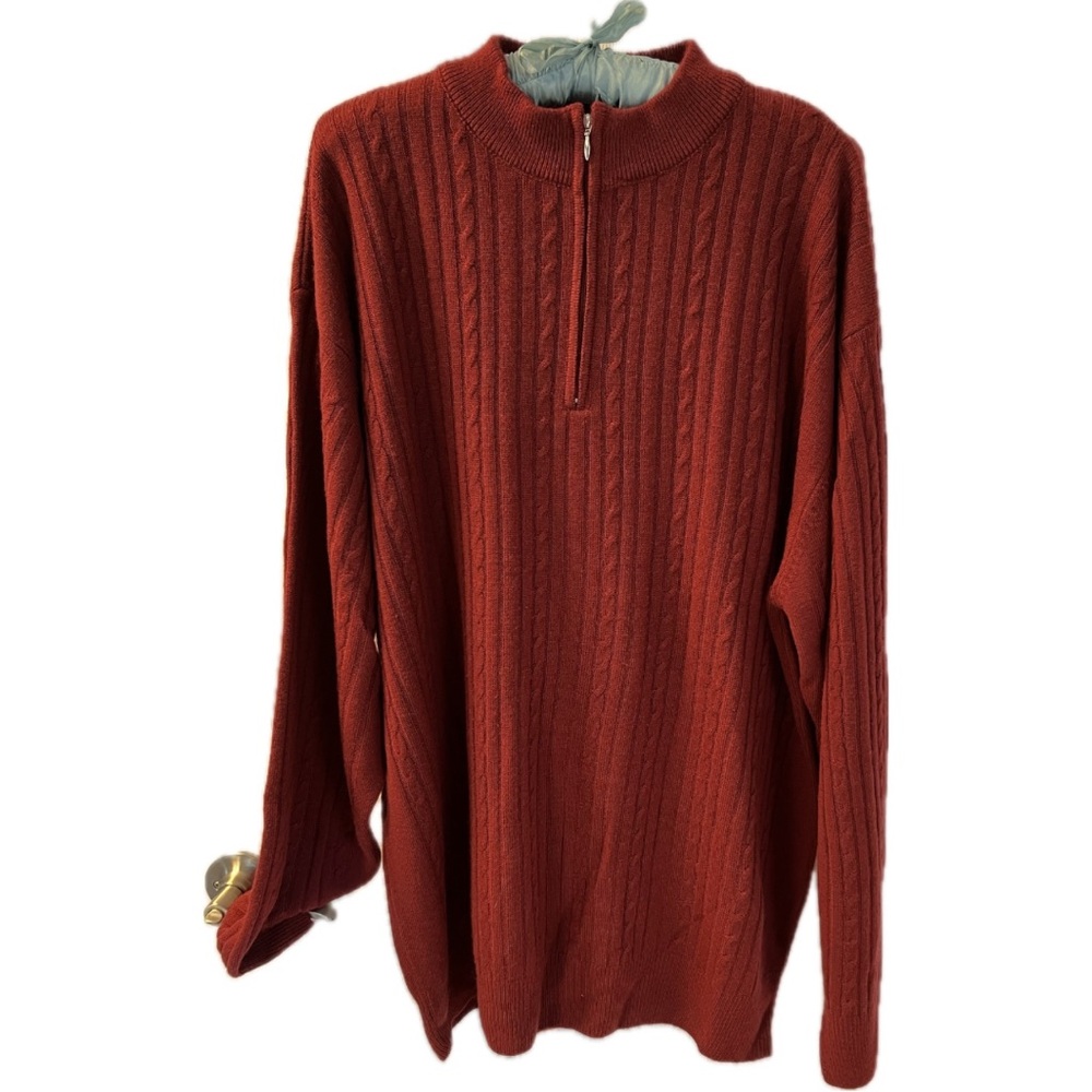 Zachary Scott 1/4 zip cable sweater in a deep red, XXL.